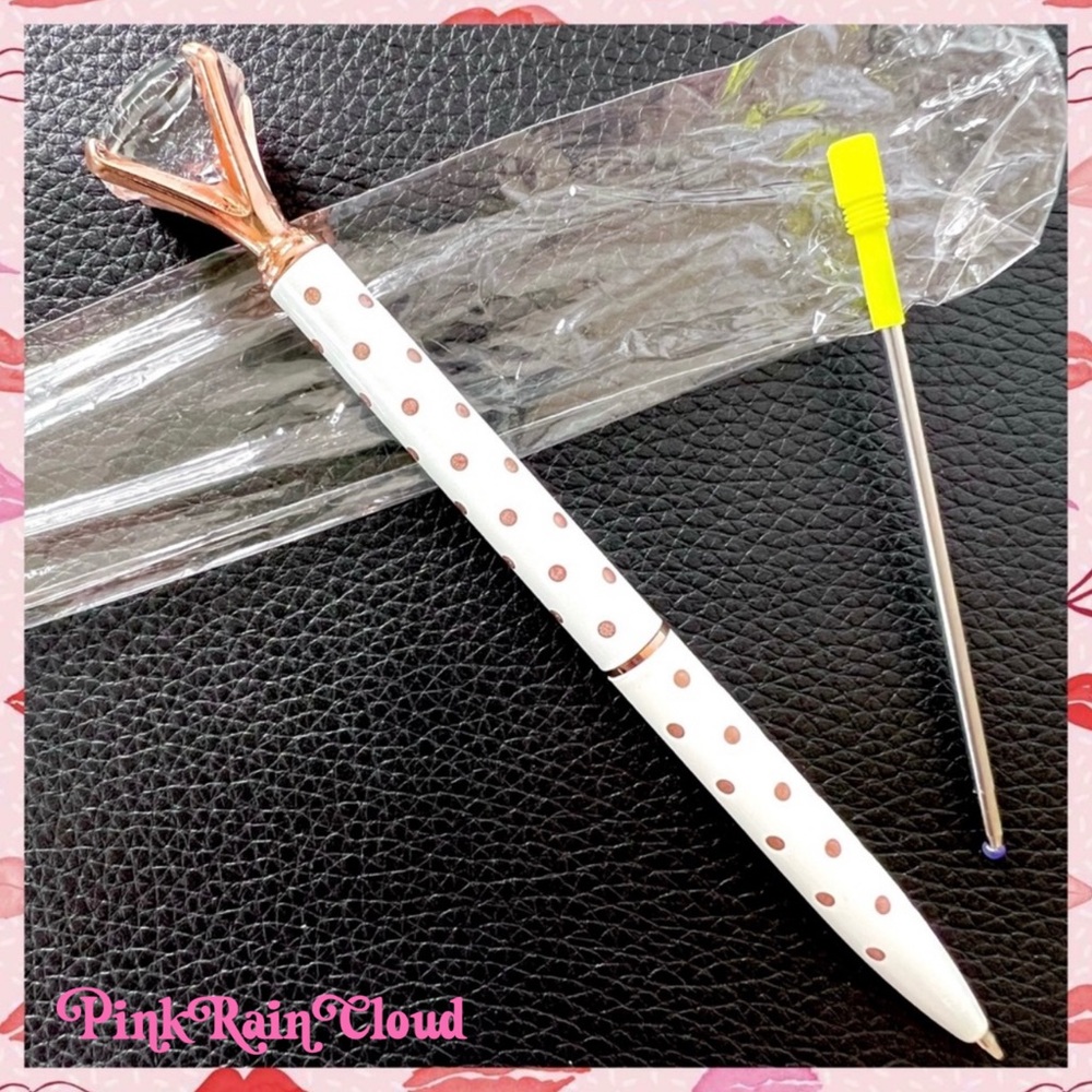 Diamond Top White Polka Dot Metal Ballpoint Pen + Black Ink Refill PinkRainCloud